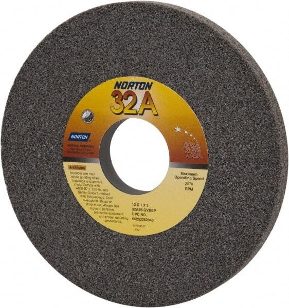 Norton - 12" Diam x 3" Hole x 1" Thick, G Hardness, 46 Grit Surface Grinding Wheel - Aluminum Oxide, Type 1, Coarse Grade, 2,070 Max RPM, Vitrified Bond, No Recess - Exact Industrial Supply