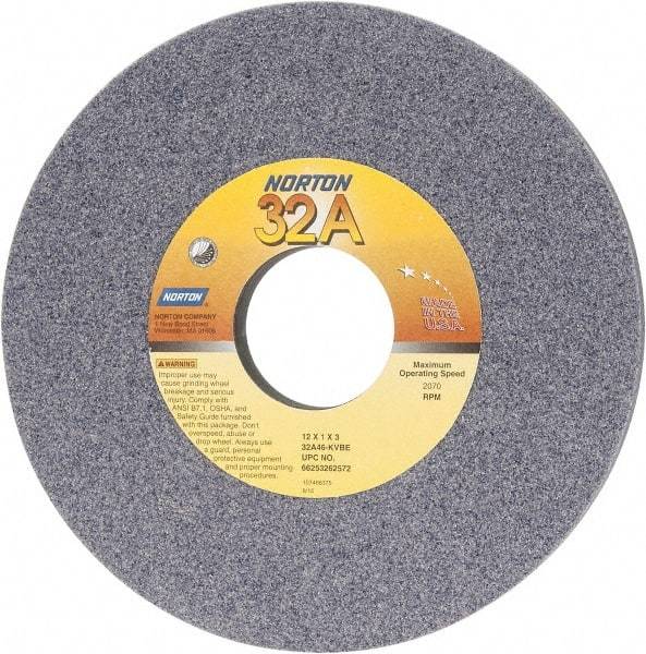 Norton - 12" Diam x 3" Hole x 1" Thick, K Hardness, 46 Grit Surface Grinding Wheel - Aluminum Oxide, Type 1, Coarse Grade, 2,070 Max RPM, Vitrified Bond, No Recess - Exact Industrial Supply