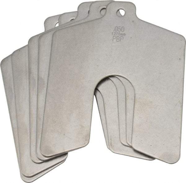 Made in USA - 5 Piece, 3 Inch Long x 3 Inch Wide x 0.05 Inch Thick, Slotted Shim Stock - Stainless Steel, 3/4 Inch Wide Slot - Exact Industrial Supply