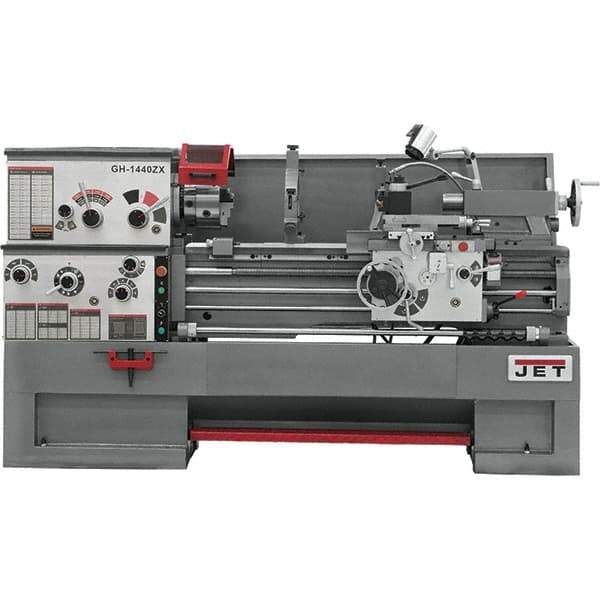 Jet - 14" Swing, 40" Between Centers, 230/460 Volt, Triple Phase Engine Lathe - 7MT Taper, 7-1/2 hp, 42 to 1,800 RPM, 3-1/8" Bore Diam, 40" Deep x 46-7/8" High x 97-1/2" Long - Exact Industrial Supply