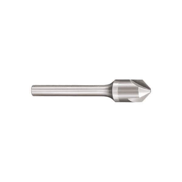 SGS - 3/8" Head Diam, 1/4" Shank Diam, 3 Flute 82° Solid Carbide Countersink - Bright Finish, 2-13/16" OAL, Single End, Straight Shank, Right Hand Cut - Exact Industrial Supply