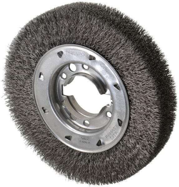 Osborn - 8" OD, 2" Arbor Hole, Crimped Steel Wheel Brush - 1-1/2" Face Width, 1-1/2" Trim Length, 0.0118" Filament Diam, 4,500 RPM - Exact Industrial Supply