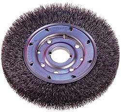 Osborn - 8" OD, 1-1/4" Arbor Hole, Crimped Steel Wheel Brush - 5/8" Face Width, 1-1/2" Trim Length, 0.008" Filament Diam, 4,500 RPM - Exact Industrial Supply