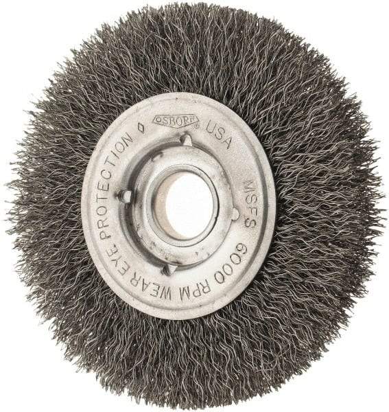 Osborn - 4" OD, 1/2 & 5/8" Arbor Hole, Crimped Steel Wheel Brush - 5/8" Face Width, 13/16" Trim Length, 0.0104" Filament Diam, 6,000 RPM - Exact Industrial Supply