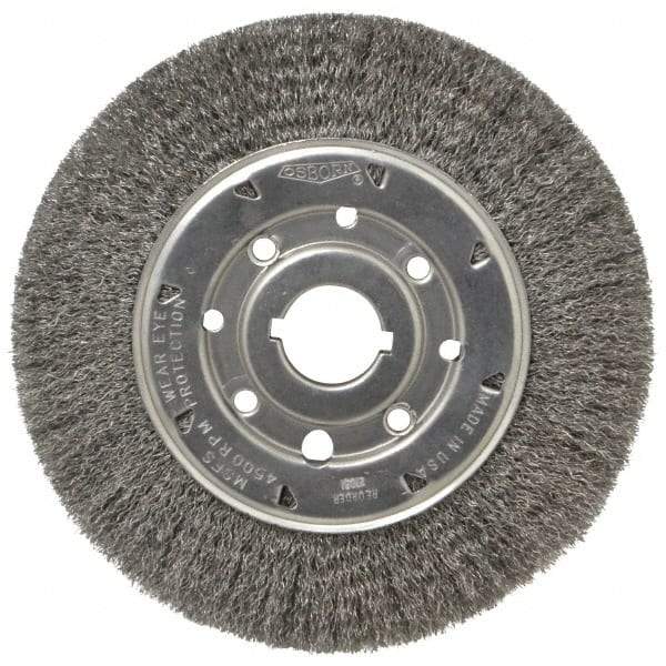 Osborn - 8" OD, 1-1/4" Arbor Hole, Crimped Steel Wheel Brush - 5/8" Face Width, 1-1/2" Trim Length, 0.0104" Filament Diam, 4,500 RPM - Exact Industrial Supply