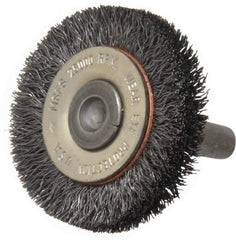 Osborn - 1-1/2" OD, 1/4" Shank Diam, Crimped Steel Wheel Brush - 3/8" Face Width, 9/32" Trim Length, 0.008" Filament Diam, 25,000 RPM - Exact Industrial Supply