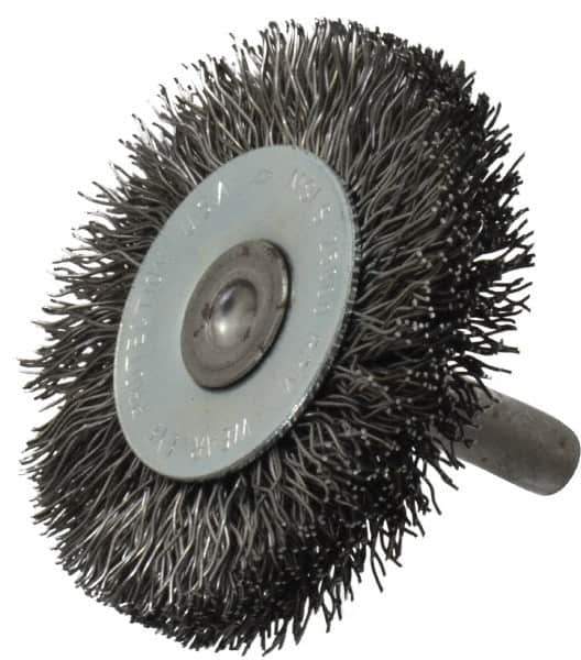Osborn - 2" OD, 1/4" Shank Diam, Crimped Steel Wheel Brush - 3/8" Face Width, 7/16" Trim Length, 0.014" Filament Diam, 25,000 RPM - Exact Industrial Supply