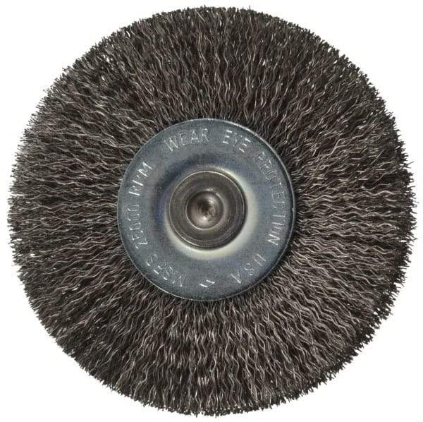 Osborn - 2-1/2" OD, 1/4" Shank Diam, Crimped Steel Wheel Brush - 7/16" Face Width, 11/16" Trim Length, 0.008" Filament Diam, 25,000 RPM - Exact Industrial Supply