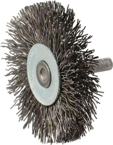 Osborn - 2-1/2" OD, 1/4" Shank Diam, Crimped Steel Wheel Brush - 7/16" Face Width, 11/16" Trim Length, 0.02" Filament Diam, 25,000 RPM - Exact Industrial Supply