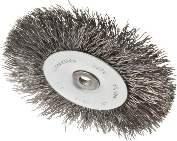 Osborn - 3" OD, 1/4" Shank Diam, Crimped Steel Wheel Brush - 7/16" Face Width, 3/4" Trim Length, 0.014" Filament Diam, 25,000 RPM - Exact Industrial Supply