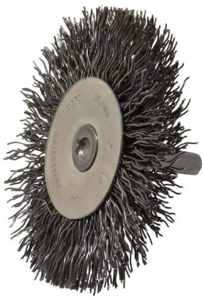 Osborn - 3" OD, 1/4" Shank Diam, Crimped Steel Wheel Brush - 7/16" Face Width, 3/4" Trim Length, 0.02" Filament Diam, 25,000 RPM - Exact Industrial Supply