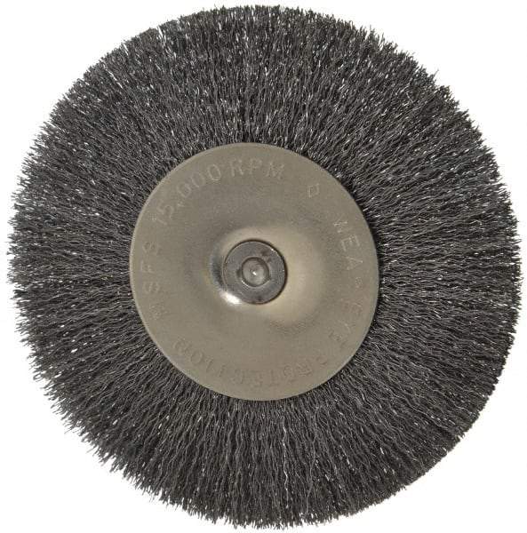 Osborn - 4" OD, 1/4" Shank Diam, Crimped Steel Wheel Brush - 1/2" Face Width, 1" Trim Length, 0.008" Filament Diam, 15,000 RPM - Exact Industrial Supply