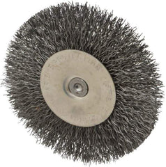 Osborn - 4" OD, 1/4" Shank Diam, Crimped Steel Wheel Brush - 1/2" Face Width, 1" Trim Length, 0.014" Filament Diam, 15,000 RPM - Exact Industrial Supply