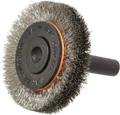 Osborn - 1-1/2" OD, 1/4" Shank Diam, Crimped Stainless Steel Wheel Brush - 3/8" Face Width, 9/32" Trim Length, 0.006" Filament Diam, 25,000 RPM - Exact Industrial Supply