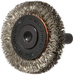 Osborn - 1-1/2" OD, 1/4" Shank Diam, Crimped Stainless Steel Wheel Brush - 3/8" Face Width, 9/32" Trim Length, 0.012" Filament Diam, 25,000 RPM - Exact Industrial Supply