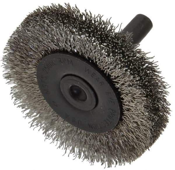Osborn - 2" OD, 1/4" Shank Diam, Crimped Stainless Steel Wheel Brush - 3/8" Face Width, 7/16" Trim Length, 0.008" Filament Diam, 25,000 RPM - Exact Industrial Supply