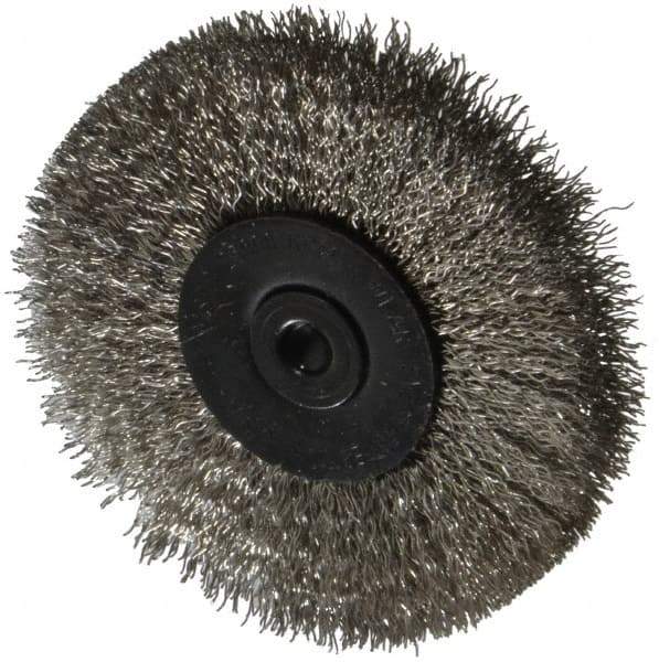Osborn - 2-1/2" OD, 1/4" Shank Diam, Crimped Stainless Steel Wheel Brush - 7/16" Face Width, 11/16" Trim Length, 0.008" Filament Diam, 25,000 RPM - Exact Industrial Supply
