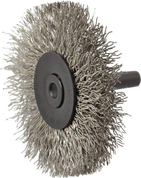 Osborn - 2-1/2" OD, 1/4" Shank Diam, Crimped Stainless Steel Wheel Brush - 7/16" Face Width, 11/16" Trim Length, 0.014" Filament Diam, 25,000 RPM - Exact Industrial Supply
