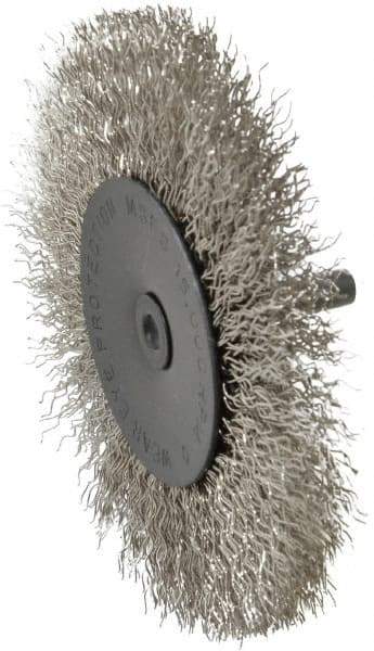 Osborn - 4" OD, 1/4" Shank Diam, Crimped Stainless Steel Wheel Brush - 1/2" Face Width, 1" Trim Length, 0.014" Filament Diam, 15,000 RPM - Exact Industrial Supply