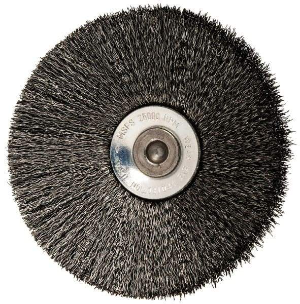 Osborn - 3" OD, 1/4" Shank Diam, Crimped Steel Wheel Brush - 7/16" Face Width, 15/16" Trim Length, 0.006" Filament Diam, 20,000 RPM - Exact Industrial Supply