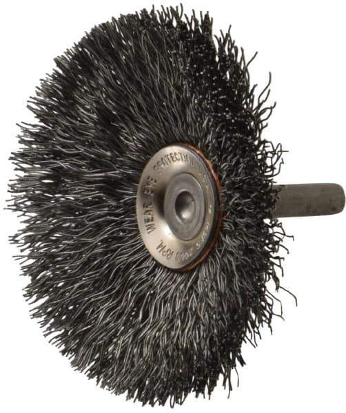 Osborn - 3" OD, 1/4" Shank Diam, Crimped Steel Wheel Brush - 7/16" Face Width, 15/16" Trim Length, 0.014" Filament Diam, 20,000 RPM - Exact Industrial Supply