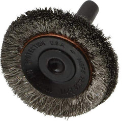 Osborn - 1-1/2" OD, 1/4" Shank Diam, Crimped Stainless Steel Wheel Brush - 3/8" Face Width, 3/8" Trim Length, 0.006" Filament Diam, 20,000 RPM - Exact Industrial Supply