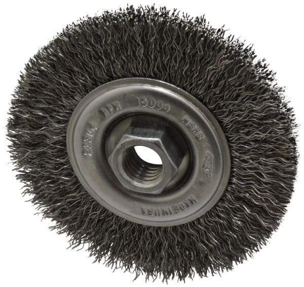Osborn - 4" OD, 5/8-11 Arbor Hole, Crimped Steel Wheel Brush - 1/2" Face Width, 0.014" Filament Diam, 15,000 RPM - Exact Industrial Supply