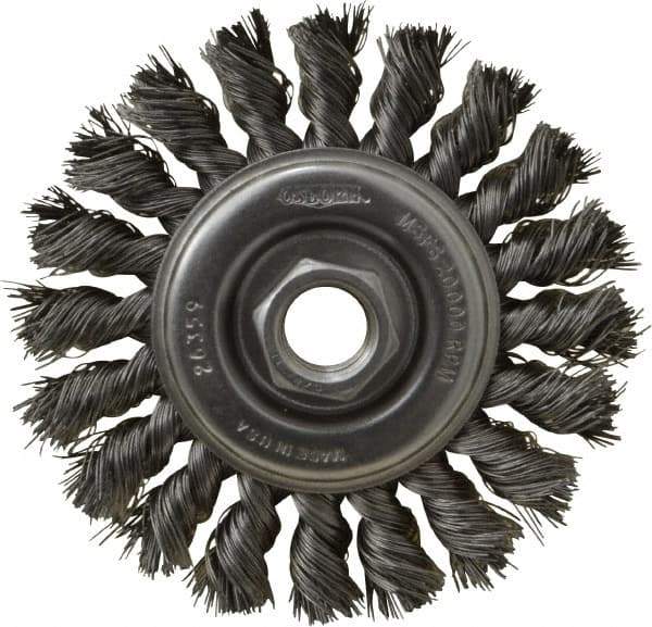 Osborn - 4" OD, 5/8-11 Arbor Hole, Knotted Steel Wheel Brush - 3/8" Face Width, 7/8" Trim Length, 0.014" Filament Diam, 20,000 RPM - Exact Industrial Supply