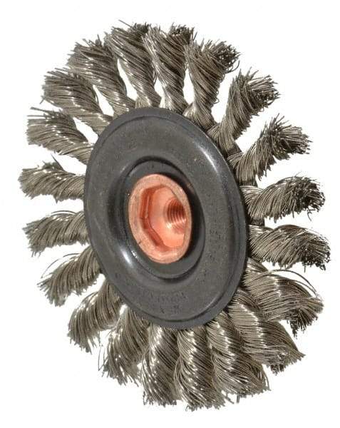 Osborn - 4" OD, 3/8-24 Arbor Hole, Knotted Stainless Steel Wheel Brush - 3/8" Face Width, 7/8" Trim Length, 0.014" Filament Diam, 20,000 RPM - Exact Industrial Supply