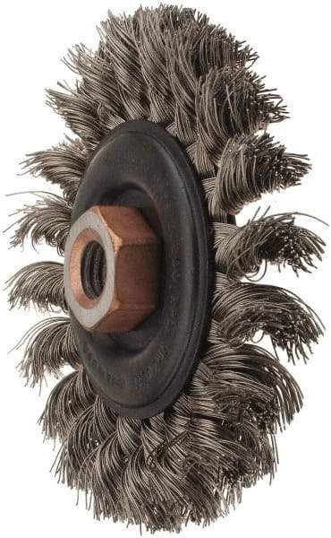 Osborn - 4" OD, 1/2-13 Arbor Hole, Knotted Stainless Steel Wheel Brush - 3/8" Face Width, 7/8" Trim Length, 0.014" Filament Diam, 20,000 RPM - Exact Industrial Supply
