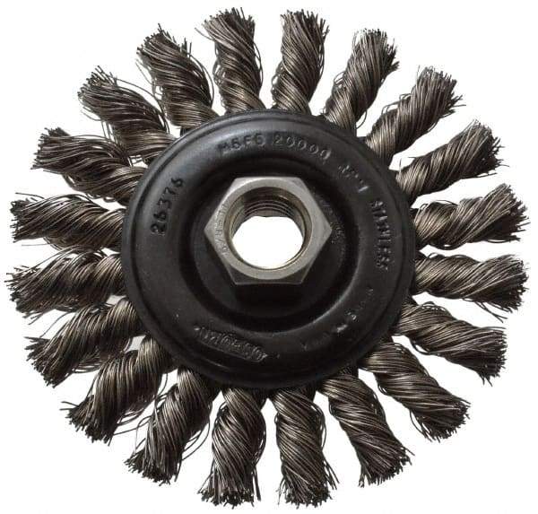 Osborn - 4" OD, 5/8-11 Arbor Hole, Knotted Stainless Steel Wheel Brush - 3/8" Face Width, 7/8" Trim Length, 0.014" Filament Diam, 20,000 RPM - Exact Industrial Supply