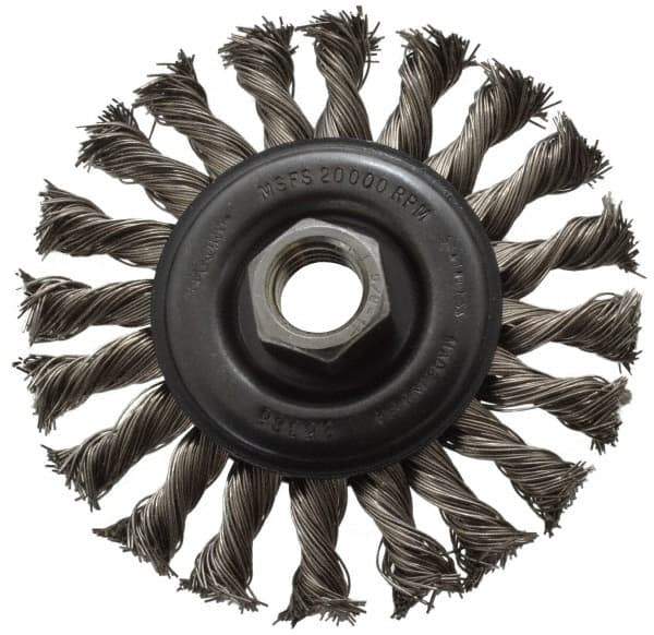 Osborn - 4" OD, 5/8-11 Arbor Hole, Knotted Stainless Steel Wheel Brush - 3/8" Face Width, 7/8" Trim Length, 0.02" Filament Diam, 20,000 RPM - Exact Industrial Supply