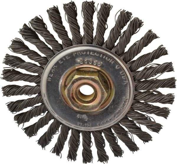 Osborn - 4" OD, M10x1.25 Arbor Hole, Knotted Steel Wheel Brush - 1/4" Face Width, 7/8" Trim Length, 0.02" Filament Diam, 20,000 RPM - Exact Industrial Supply