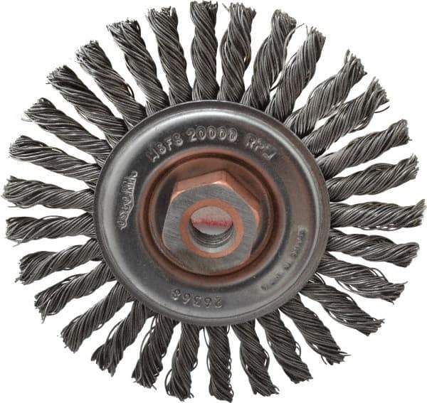 Osborn - 4" OD, 1/2-13 Arbor Hole, Knotted Steel Wheel Brush - 1/4" Face Width, 7/8" Trim Length, 0.02" Filament Diam, 20,000 RPM - Exact Industrial Supply