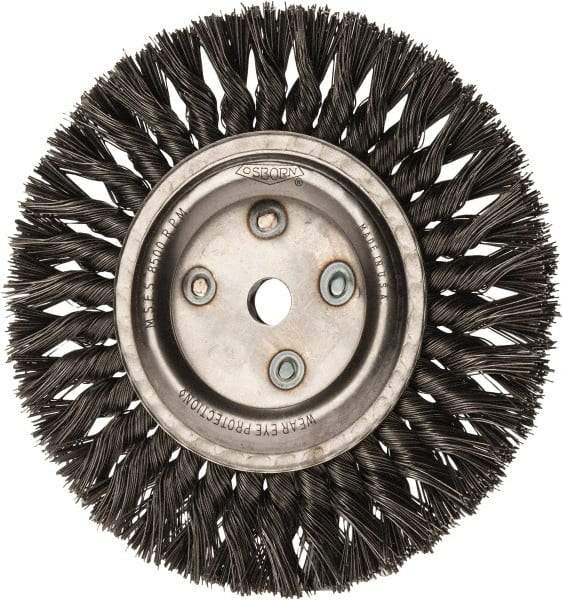 Osborn - 8" OD, 5/8" Arbor Hole, Knotted Steel Wheel Brush - 5/8" Face Width, 1-11/16" Trim Length, 0.025" Filament Diam, 8,500 RPM - Exact Industrial Supply