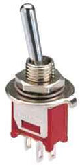 GC/Waldom - SPDT Miniature On-Off-On Toggle Switch - Quick Connect Terminal & Solder Lug Terminal, Paddle Handle Actuator, 125 VAC at 6 A & 250 VAC at 3 A - Exact Industrial Supply