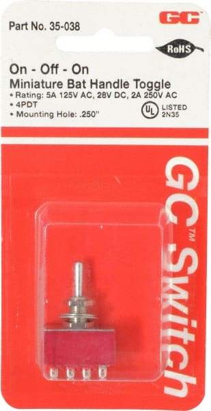 GC/Waldom - 4PDT Miniature On-Off-On Toggle Switch - Solder Lug Terminal, Bat Handle Actuator, 125 VAC at 5 A & 250 VAC at 2 A - Exact Industrial Supply