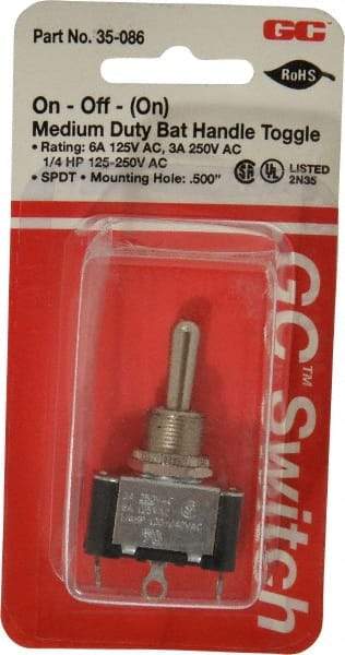 GC/Waldom - SPDT Medium Duty On-Off-On Toggle Switch - Solder Lug Terminal, Bat Handle Actuator, 1/4 hp at 125/250 VAC hp, 125 VAC at 6 A & 250 VAC at 3 A - Exact Industrial Supply