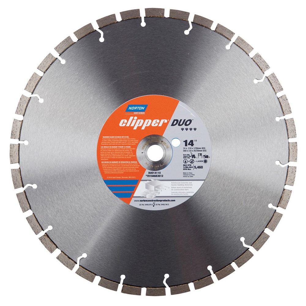 Wet & Dry Cut Saw Blade: 14″ Dia, 1″ Arbor Hole, 0.11″ Kerf Width, 36 Teeth High Speed Steel Teeth, Use on Concrete, Standard Arbor