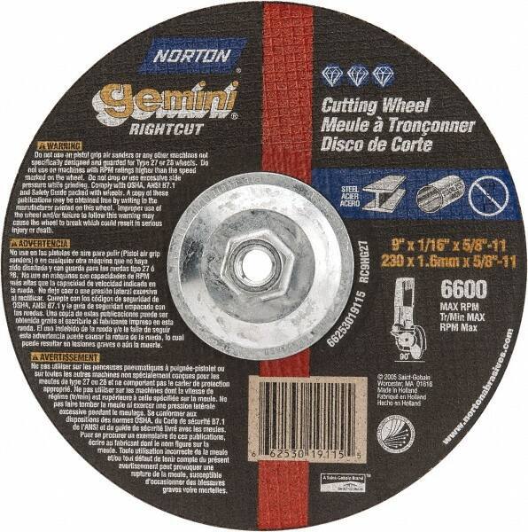 Norton - 9" Wheel Diam, 1/16" Wheel Thickness, Type 27 Depressed Center Wheel - Aluminum Oxide, 6,600 Max RPM, Compatible with Angle Grinder - Exact Industrial Supply