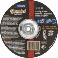 Norton - 9" Wheel Diam, 1/16" Wheel Thickness, Type 27 Depressed Center Wheel - Aluminum Oxide, 6,600 Max RPM, Compatible with Angle Grinder - Exact Industrial Supply
