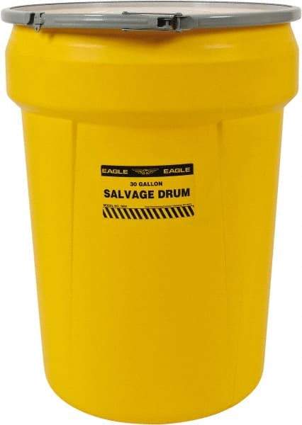 Eagle - 30 Gallon Capacity, Metal Lever Lock, Yellow Salvage Drum - 5 Gallon Container, Polyethylene, 220 Lb. Capacity, UN 1H2/X100/S Listing - Exact Industrial Supply