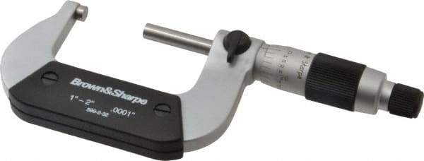 TESA Brown & Sharpe - 1 to 2" Range, 0.0001" Graduation, Mechanical Outside Micrometer - Friction Thimble, Accurate to 0.004mm - Exact Industrial Supply