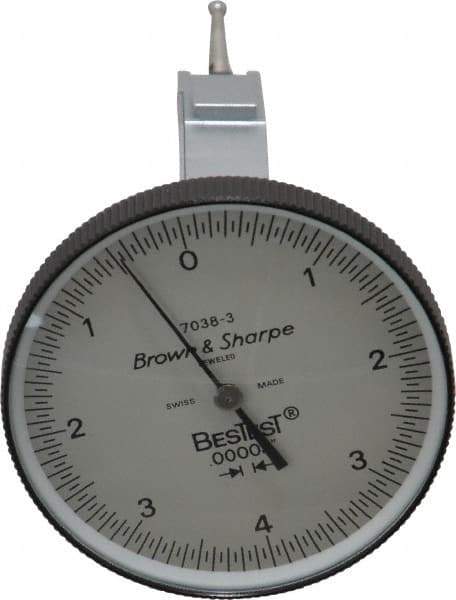 TESA Brown & Sharpe - 0.008 Inch Range, 0 Inch Dial Graduation, Vertical Dial Test Indicator - 1-1/2 Inch White Dial, 0-4-0 Dial Reading - Exact Industrial Supply