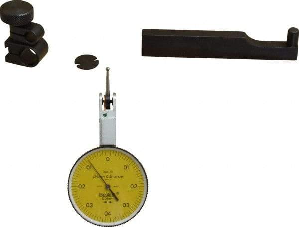 TESA Brown & Sharpe - 0.8 mm Range, 0.01 mm Dial Graduation, Horizontal Dial Test Indicator - 38 mm Yellow Dial, 0-0.4-0 Dial Reading, 0.01 mm - Exact Industrial Supply