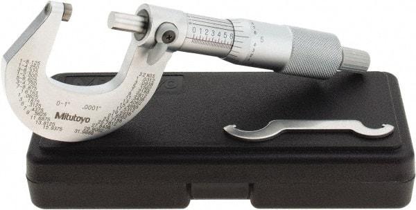 Mitutoyo - 0 to 1" Range, 0.0001" Graduation, Mechanical Outside Micrometer - Ratchet Stop Thimble, Accurate to 0.0001" - Exact Industrial Supply