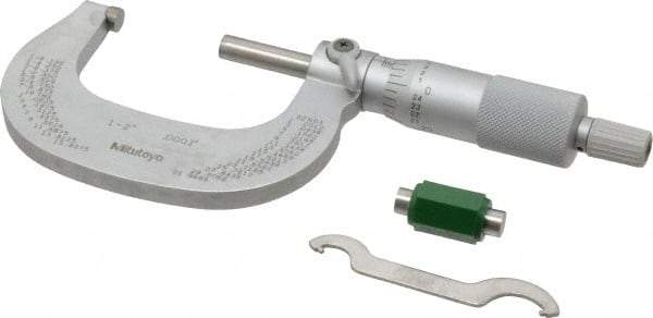 Mitutoyo - 1 to 2" Range, 0.0001" Graduation, Mechanical Outside Micrometer - Ratchet Stop Thimble, Accurate to 0.0001" - Exact Industrial Supply