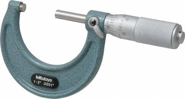 Mitutoyo - 1 to 2" Range, 0.0001" Graduation, Mechanical Outside Micrometer - Friction Thimble, Accurate to 0.0001" - Exact Industrial Supply