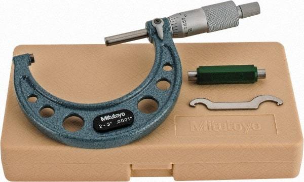 Mitutoyo - 2 to 3" Range, 0.0001" Graduation, Mechanical Outside Micrometer - Ratchet Stop Thimble, Accurate to 0.0001" - Exact Industrial Supply