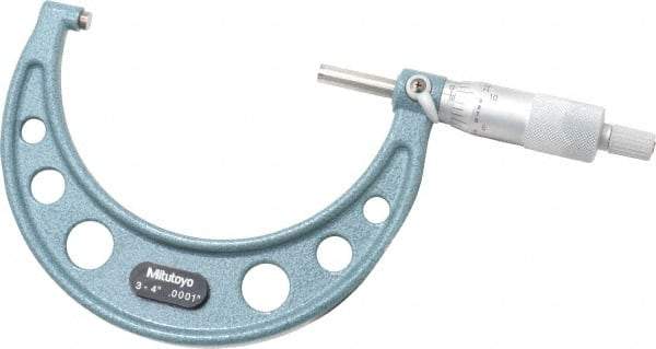 Mitutoyo - 3 to 4" Range, 0.0001" Graduation, Mechanical Outside Micrometer - Ratchet Stop Thimble, Accurate to 0.00015" - Exact Industrial Supply